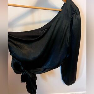 One-Shoulder Satin Blouse with Tie